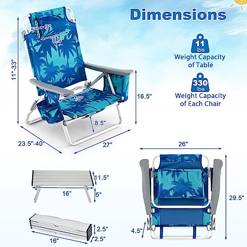 Image of Giantex Folding Beach Chair, Patio Sling Chairs with 5 Adjustable Position, Head Pillow, Storage Bag, Towel Bar, Cup Holders, Backpack Chairs for Sunbathing, Camping Chair