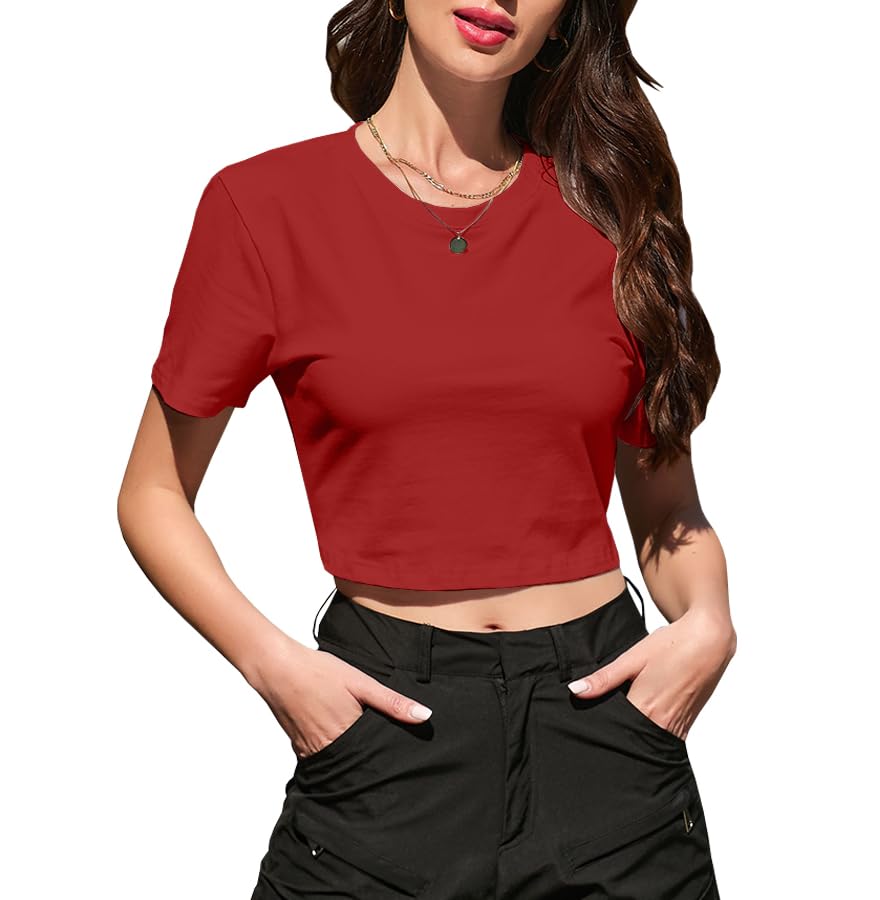 Image of Betusline Girls & Women Basic Summer Short Sleeve Slim Fit T-Shirts Soft Crewneck Crop Y2k Tee Cute Gym Fashion Clothes