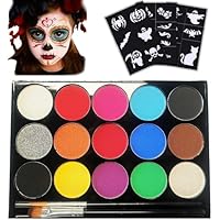 Face Paint Kit，15 Colours Face and Body Painting Palette, Washable Face Paints, Safe Body Paints for Adults, Children, Halloween Party Carnival, Makeup Paint Non-Toxic（2 Brushes 22 Stencils）