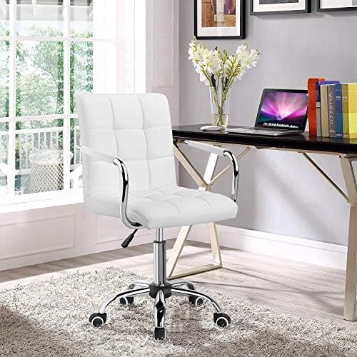 Yaheetech Adjustable Home Office Chair Leather Computer Desk Chair Mid Back Task Chair with Arms and Wheels for Study or Work White