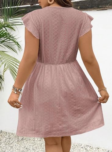 Image of Eytino Plus Size Dresses for Women Summer Ruffle Cap Sleeve Lace V Neck Embroidery Eyelet A Line Dress(1X-5X)
