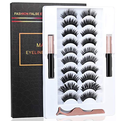 2021 Upgrade 3D Natural Magnetic Eyelashes?Lightweight Magnetic Eyeliner and Eyelashes Kit, 2 Waterproof Magnetic Eyeliners- No Glue Needed (10 Pairs) (Black)