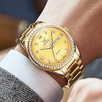 Men's Casual Stainless Steel Watch, Big Face Easy to Read Analog Quartz Watch with Day and Date, Classic Waterproof Diamond Roman Arabic Numerals Dial Dress Watch for Men, Gold Silver Black Band, Gold