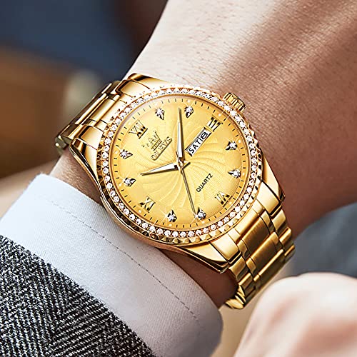 Men's Casual Stainless Steel Watch, Big Face Easy to Read Analog Quartz Watch with Day and Date, Classic Waterproof Diamond Roman Arabic Numerals Dial Dress Watch for Men, Gold Silver Black Band, Gold