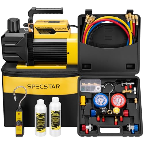 Image of SPECSTAR 3 /4 HP 7.2 CFM 2 Stage HVAC Vacuum Pump and 4 Way AC Manifold Gauge Set with Leak Detector 5ft Hoses & Accessories for R134a R12 R22 R502 R410a Auto Air Conditioning Refrigeration Recharging