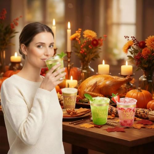 Xvvti 16Pcs Happy Friendsgiving Cups Thanksgiving Party Cups Give Thanks Decorations 12 oz Gold Foil Clear Plastic Disposable Drinking Cups for Thanksgiving Party Supplies by Xvvti - Used condition - Image 6