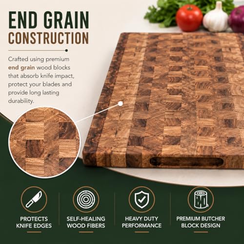 Image of Handcrafted Wooden Chopping Board for Kitchen | Cutting Board & Serving Platter | Food Safe Wooden Board for Vegetables, Fruits, Cheese & Bread | Multiple Designs (End Grain Block, Sheesham Wood)