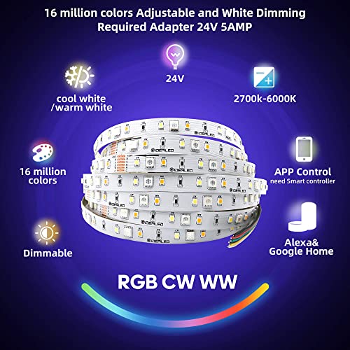 Image of GIDEALED 24V RGBWW LED Strip Lights 32.8ft,RGB+Cool White Warm White 2700K~6000K,6 Wires RGB CCT LED Light Strip for Bedroom Decoration Ambiance Lighting,Only RGBCCT LED Strip Light 10m