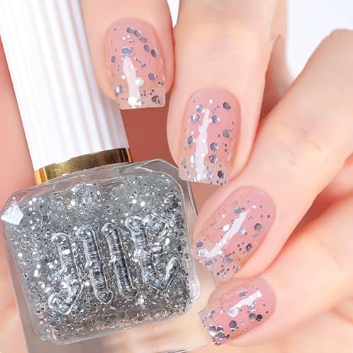 Glitter Nail Polish - Silver Glitter Nail Varnish - Silver Sparkly Nail Polish Reflective Clear Flash - Translucent Nail Polish Quick Dry - No Need Baking & Easy to Apply Nail Polish for Women