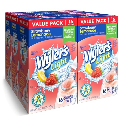 Wyler's Light Singles To Go Powder Packets, Water Drink Mix, Strawberry Lemonade, 16 Count, 6 Boxes (96 Single Servings)