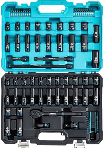 LIBRATON 3/8" Drive Impact Socket Set, 90PCS SAE & Metric Cr-V Deep & Shallow Impact Driver Sockets with Extension Bars, Ratchet Handle, Screwdriver Bits, Spark Plug Sockets, Adapter, Universal Joint