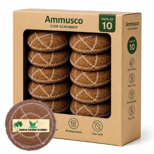 Image of Coir Scrubber for Utensils (Pack of 10) | Natural Coconut Fiber Kitchen Scrub Pads | Heavy Duty Dishwashing Scrubber | Eco-Friendly, Biodegradable & Plastic-Free
