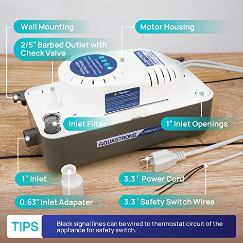 Image of Aquastrong HVAC Condensate Pump, 115V /230V, Automatic Safety Switch, AC Condensate Removal for Air Conditioner, Furnace, Dehumidifier, 3.3' Power Cord, Light Gray