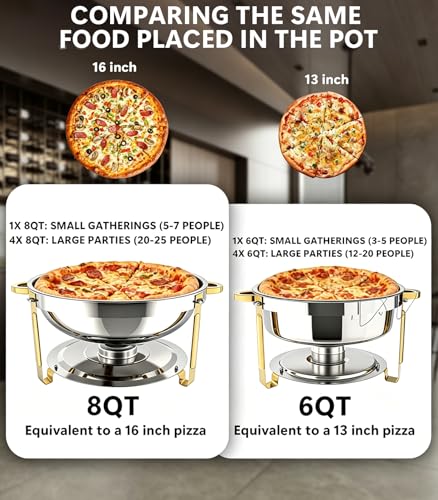 Beviliu 9 Litre Buffet Chafing Dish Set – 4 Pack 8QT Round Food Warmers in Gold, Stainless Steel Catering Chafer with Lid Holder - Image 2