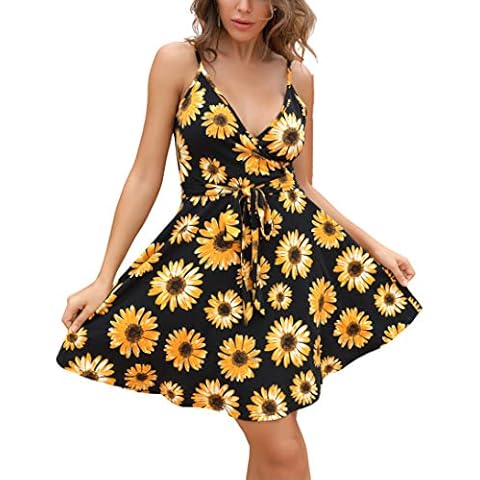 Aphratti Sun Dresses Women Summer Casual Spaghetti Strap Mini Dress Sleeveless Faux Wrap Fit and Flare Floral Sexy Short Sundress Sunflower Black Small Cover