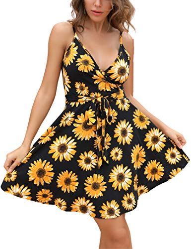 Aphratti Summer Sundresses for Women 2026 Casual Mini Spaghetti Strap Sleeveless Faux Wrap Fit and Flare Floral Sexy Short Sun Dress Sunflower Black Small