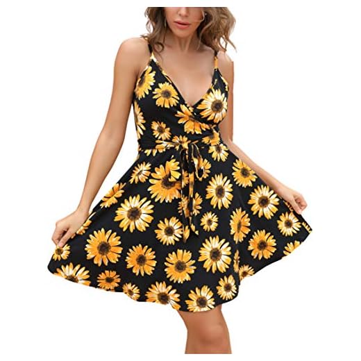 Aphratti Sun Dresses Women Summer Casual Spaghetti Strap Mini Dress Sleeveless Faux Wrap Fit and Flare Floral Sexy Short Sundress Sunflower Black X-Large