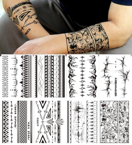 8 Feuilles Bras Tatouages Éphemere pour Hommes Femmes, Style Tribaux Longs Bracelets Autocollants pour Adultes, Faux Tatouages Temporaires ​​Réalistes Longue Durée Résistants pour Poignet Cheville