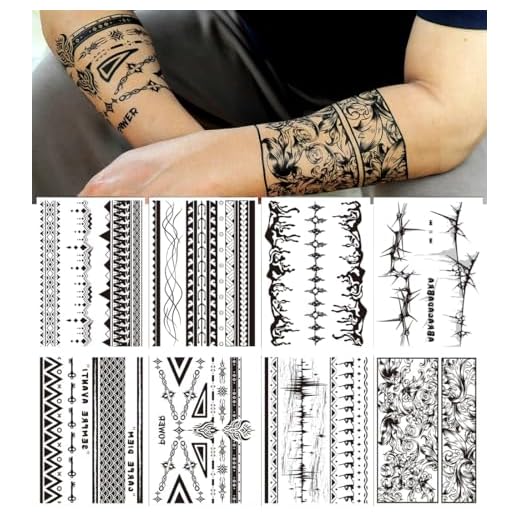 8 Feuilles Bras Tatouages Éphemere pour Hommes Femmes, Style Tribaux Longs Bracelets Autocollants pour Adultes, Faux Tatouages Temporaires ​​Réalistes Longue Durée Résistants pour Poignet Cheville