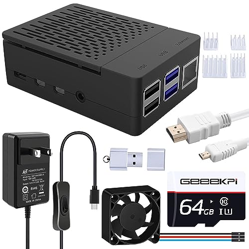 GeeekPi Case with PWM Fan for Raspberry Pi 4, 18W 5V 3.6A Power Supply for Raspberry Pi 4, Heatsinks, 64GB Preloaded (RPI OS) Card, Card Reader, Micro HDMI Cable, for Raspberry Pi 4 8GB/4GB/2GB/1GB