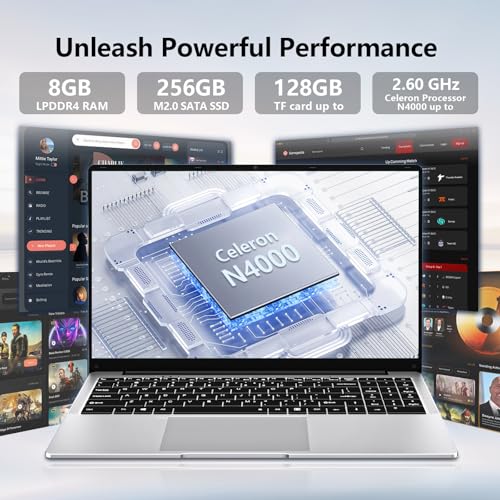 15.6 inch Laptop, Gaming Laptop N4000 Processor, Laptop Computer with 8GB LPDDR4 256GB SSD, Silver Traditional Laptop Computers for Work & Study, 180° Angle Open, Dual-Band WiFi, Long Battery Life - Image 5