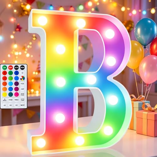 Image of LED Marquee Letter Lights, 18 Colors Changing Light Up Letters with Remote, RGB Alphabet Letters Sign for Girls Boys Gift Birthday Party Night Light Bedroom Wedding Christmas Decor-Colorful B