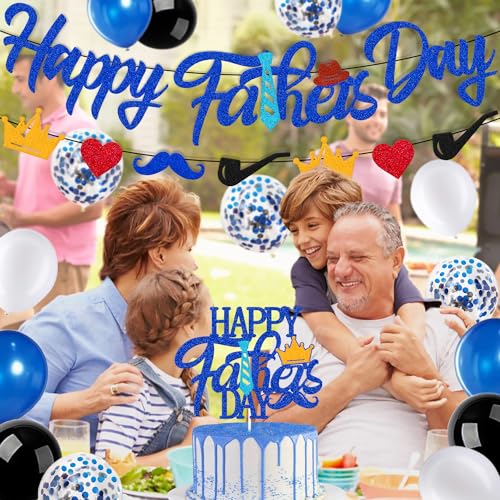 Happy Father's Day Decorations Kit Father's Day Banner Cake Topper Blue Balloons Papa's Grandfather's Dad's Day Party Supplies Glitter Blue Backdrop Glitter Decor - Image 7