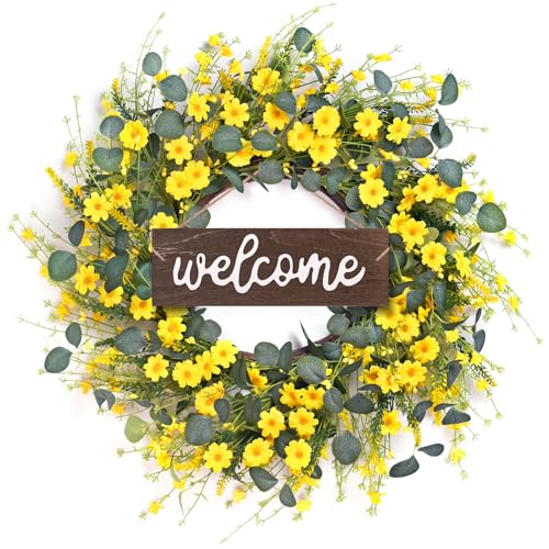 Davimono 24 Summer Wreaths for Front Door Farmhouse Yellow Daisy Eucalyptus Spring Wreaths for Front Door Wall Home Party DecorationsWelcome Sign