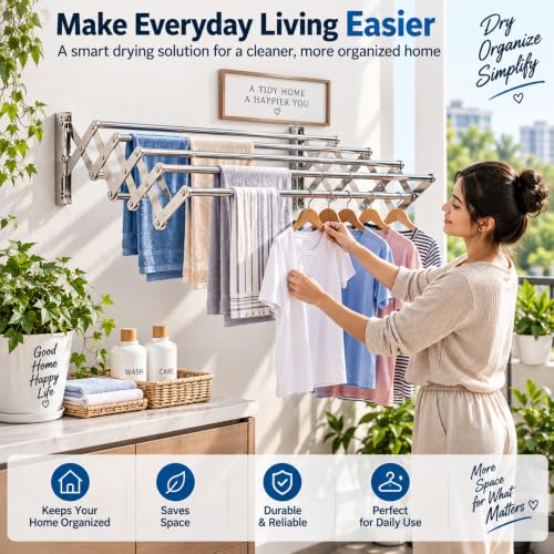 Image of Smart Saver Wall Mounted Clothes Drying Rack, Foldable Wall Mount Laundry Rack Folding Indoor for Clothes, Towels & Garments, Stand, Space Saver with 5 Drying Rods