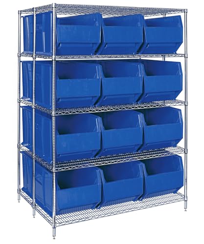Quantum Storage Systems WRA86-2154C-166BL Wire Heavy Duty 5 Shelves 12 Rack Blue Bins 86" H x 54" W x 42" D