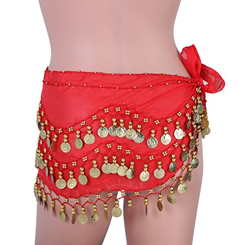 OULII Cachecol feminino de chiffon para dança do ventre com 3 fileiras e cinto para enrolar moedas p
