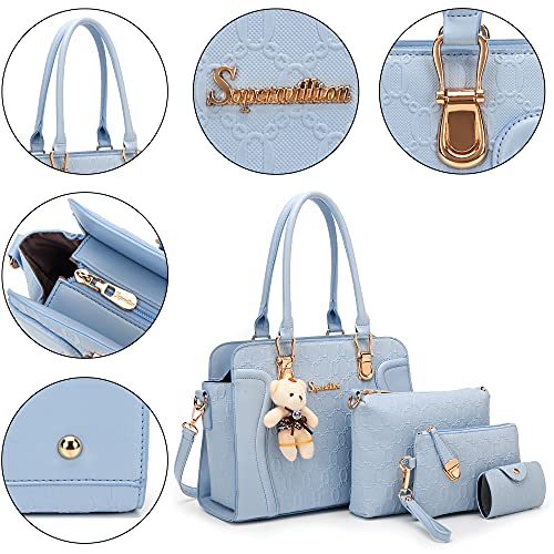 Image of Women's Fashion Handbag Tote Bag Shoulder Top Handle Satchel Purse Set 4pcs | Stylish Style,Chain Texture Design,Ample Space,Bear Doll Decoration,with a Crossbody Strap
