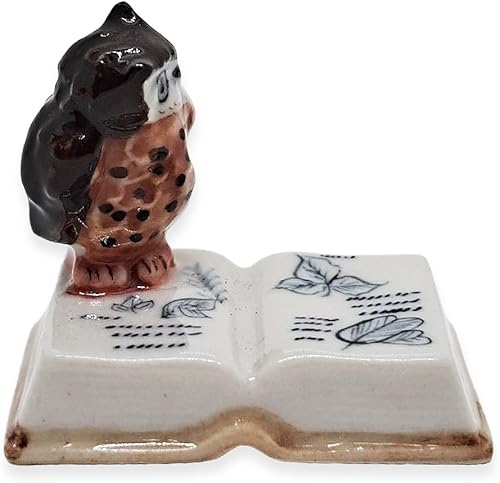 Miniatura 6 de Pequeña figura de búho marrón de 1 pulgadas de alto sobre libro abierto, hecha a mano, búhos de cerámica pintados a mano, aves de rapiña nocturna,