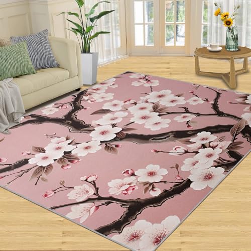 Tapete decorativo 5x7 pies suave con diseño flor de cerezo rosa miniatura 1
