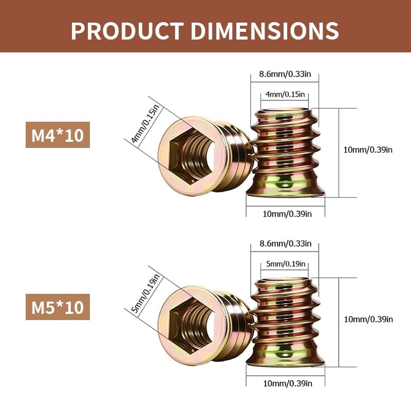 20-Piece M10 x 15mm Threaded Insert Nuts for Wood - Hex Drive Installation, Zinc Plated Carbon Steel, Golden, M10x15mm - Image 2