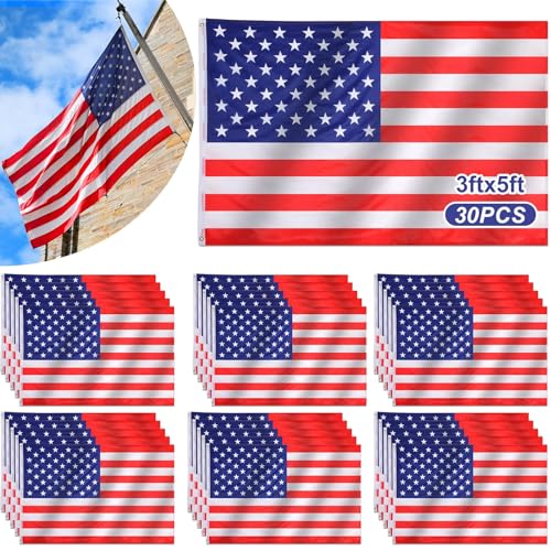 Resholder 30 Pcs 3x5 ft American Us Flags Bulk for 250th Anniversary Waterproof 4th of July Polyester Flags with Grommets Double Stitched for Independence Day Outdoor Indoor Porch Parade