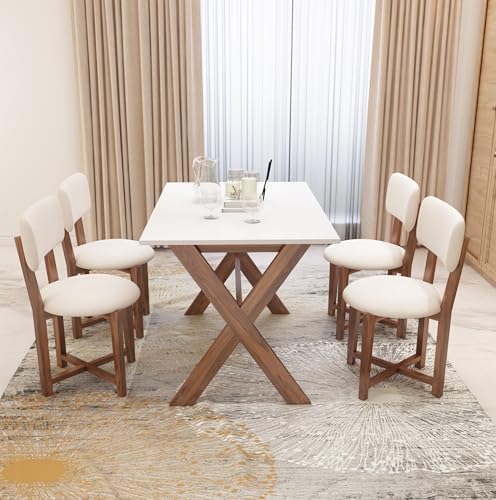 Image of Sheesham Wood 45 inch Inch Dining Table 4 Seater | Marble Finish Four Seater Dinning Table Set with 4 Upholstered Dining Chairs | Table: Criss Cross Design | Chair: Premium Round Edge | Rosewood, Honey