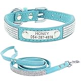 Custom Rhinestone Dog Collar and Tow Rope Set Cute Dazzling Sparkling Soft Suede Leather Dog Cat...