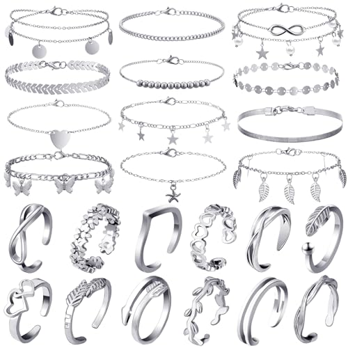Image of Sasylvia 24 Pcs Anklet and Toe Ring Set for Women Girl Silver Gold Layered Anklet Chain Adjustable Open Toe Ring Foot Jewelry