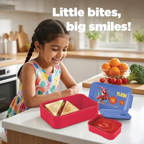 Image of MILTON Berry Tiffin Lunch Box for Kids Boys & Girls with Leak-Proof Inner Container| Food Grade,BPA Free,Compact & Durable Snacks Box for Kids I Plastic Spoon & Fork, 850 ml, Flash Print, Blue