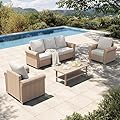HERA'S HOUSE 4-Piece Patio Furniture Set, All Weather 5 Seats Outdoor Wicker Sofa with 44" Coffee Table, 5.5" Thick Waterproof Cushion Conversation Couch Set for Garden Deck Backyard, Beige