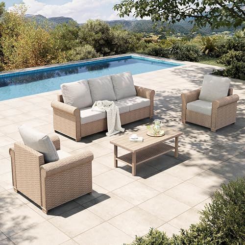 Image of HERA'S HOUSE 4-Piece Patio Furniture Set, All Weather 5 Seats Outdoor Wicker Sofa with 44 inch Coffee Table, 5.5 inch Thick Waterproof Cushion Conversation Couch Set for Garden Deck Backyard, Beige