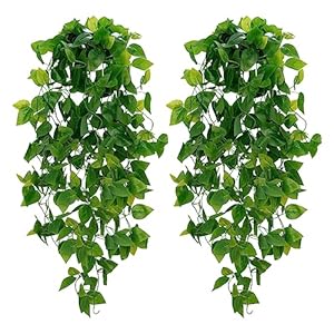 BLEUM CADE Fake Hanging Plants, 2pcs Artificial Hanging Plant, Faux Pothos Vines Hanging Plant Greenery for Wall Home Living Room Indoor Outdoor Decor (No Baskets)