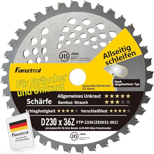 Fanztool Kreissägeblatt Freischneider Klinge mit Zahnschutz für Mäharbeiten, Ersatzmesser für Akku und Benzin Rasentrimmer & Motorsensen (36Z)