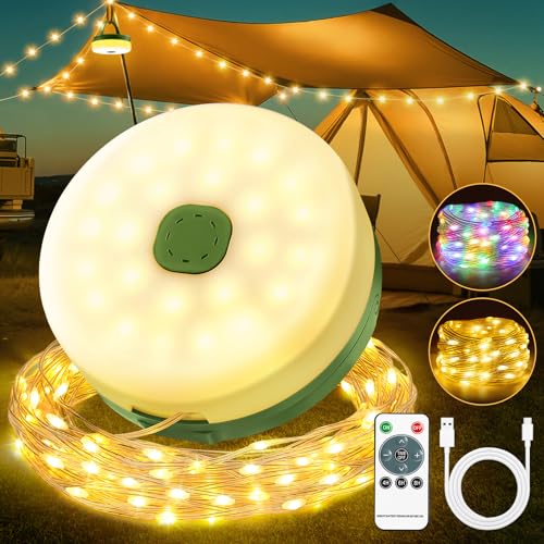 Cadena de Luces para Camping 10M, 4 en 1 Guirnalda Camping Retráctil, Impermeable Guirnalda Luces Interior Exterior, 14 Modos de Iluminación, USB Recargable para Navidad Acampar Patio Tienda Jardín