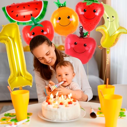 Image of AIQINHU Fruit Number 1Balloon, Apple Orange Watermelon Fruit Foil Balloons, 40 Inch Mylar Gold 1 Balloon For Fruit Summer First 1st Birthday Party Decorations Supplies