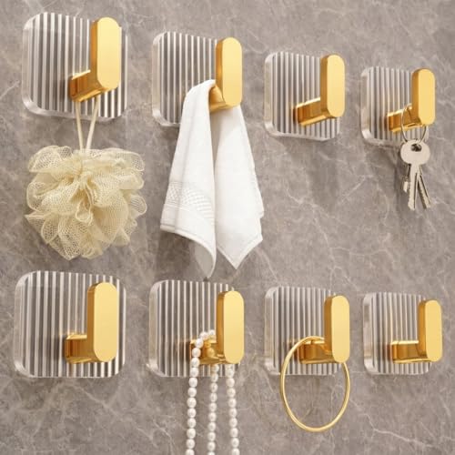 Image of Satpurush Luxury Acrylic Self Adhesive Wall Hooks | Heavy Duty Bathroom & Kitchen Hook | No Drill Waterproof Wall Hanger for Towels, Robes, Keys & Accessories (Gold, Pack of 8)