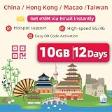 Prepaid eSIM for Mainland China, Hong Kong, Macau, Taiwan | 10GB 12Day Plan Data | Get QR Code Instantly | 4G LTE High-Speed Network | No VPN Required | Hotspot Allow| No-Contract for Unlocked Phones