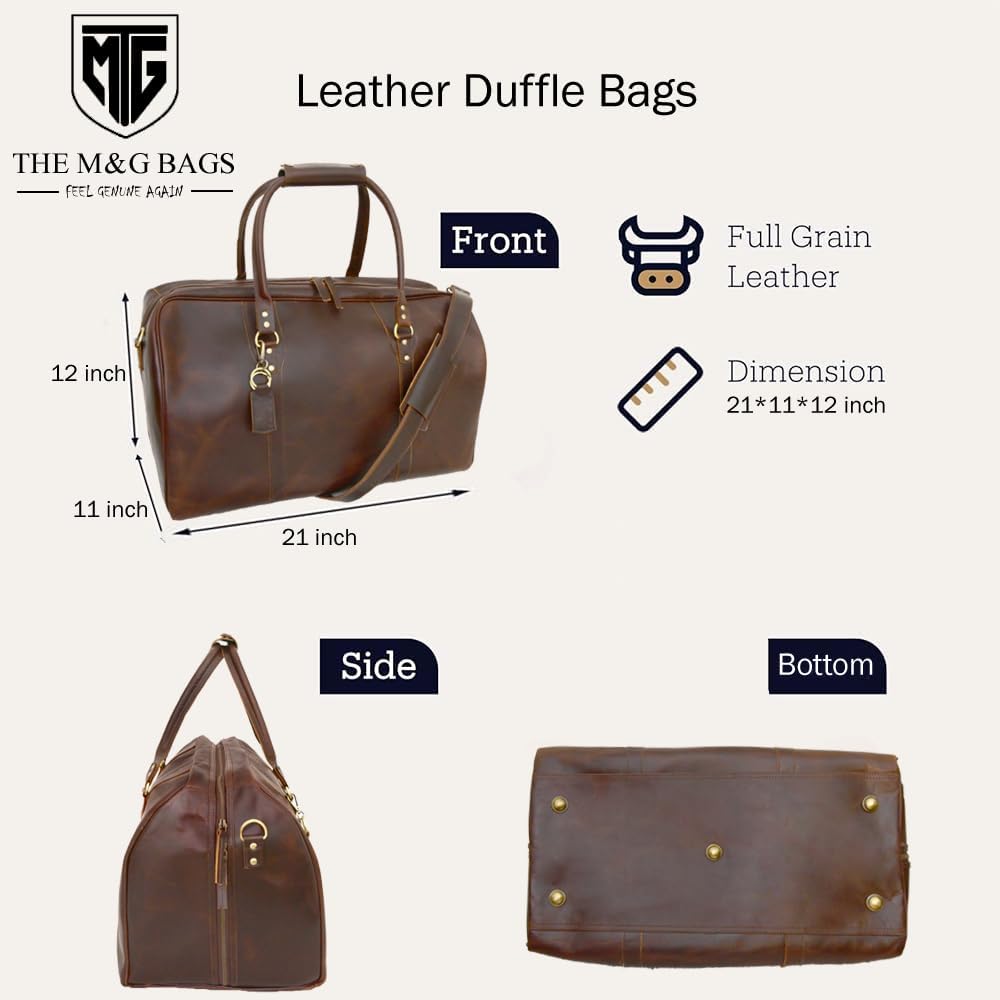 THE M&G BAGS Leather Travel Duffel Bag for Men & Women, Classic Retro Weekend Overnight Zipper Bags with Adjustable Shoulder Strap, Cabin Friendly Carry On Gym Sports Duffle Luggage - 22 Inch - Image 5