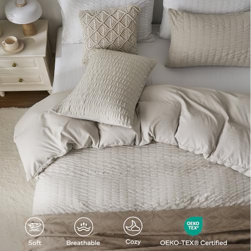 Image of JELLYMONI Seersucker Duvet Cover Set Full, 3pcs Oatmeal Polyester | In Guest Room & Studio, Single Upgrades Pick, Crinkled Texture, Oeko-Tex Certified, 8 Corner Ties & Hidden Zipper